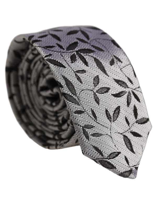 Dolce & Gabbana Men Gray Leaf Pattern Silk Adjustable Tied Necktie Tie