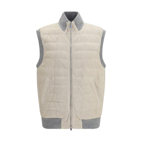 Brunello Cucinelli Beige Calf Leather Bos Taurus Sleeveless Jacket