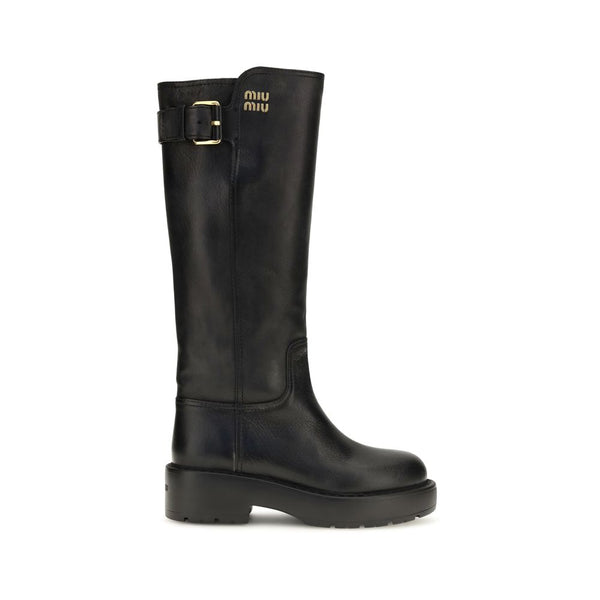 Miu Miu Black Calf Leather Bos Taurus Flat Boots