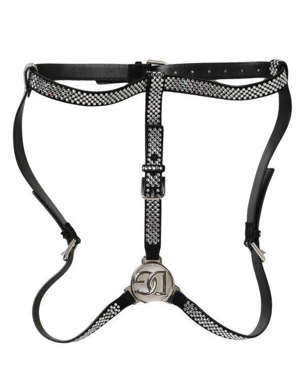 Dolce & Gabbana Black Leather Rhinestones Embellished Men Suspender