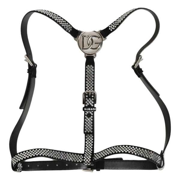 Dolce & Gabbana Black Leather Rhinestones Embellished Men Suspender