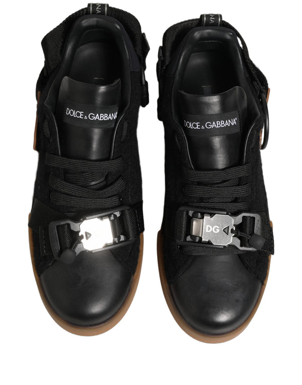 Dolce & Gabbana Black Felt Leather Low Top Sneaker Shoes