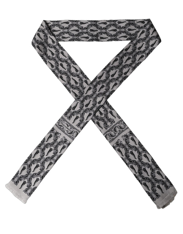 Dolce & Gabbana Gray Baroque Silk Fringed Skinny Foulard Scarf