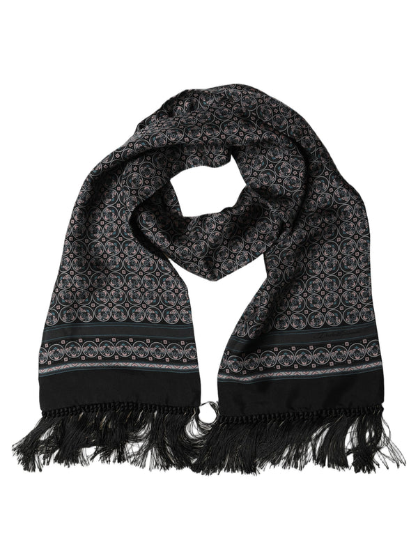 Dolce & Gabbana Black Silk Geometric Fringed Neck Shawl Scarf