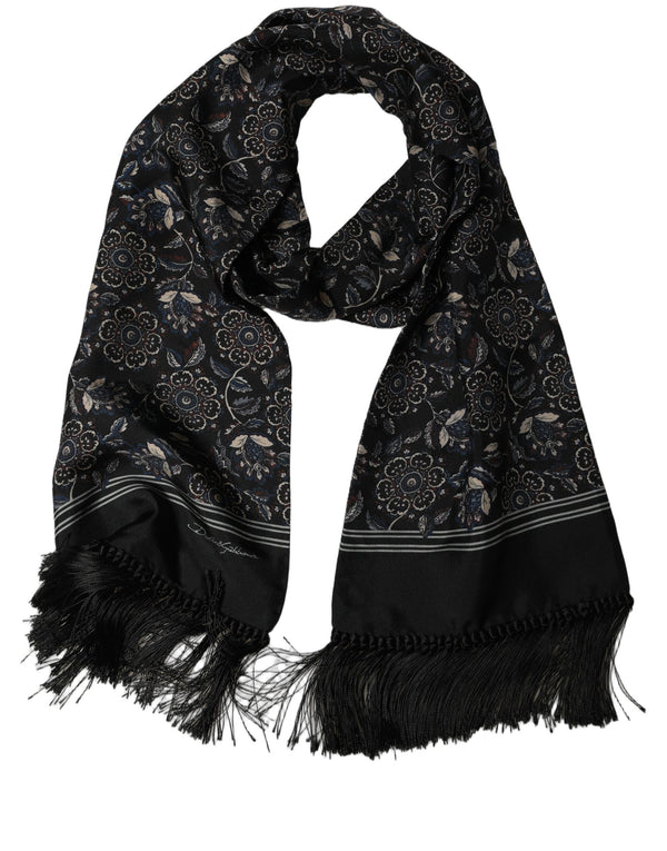 Dolce & Gabbana Black Silk Floral Paisley Fringed Shawl Scarf
