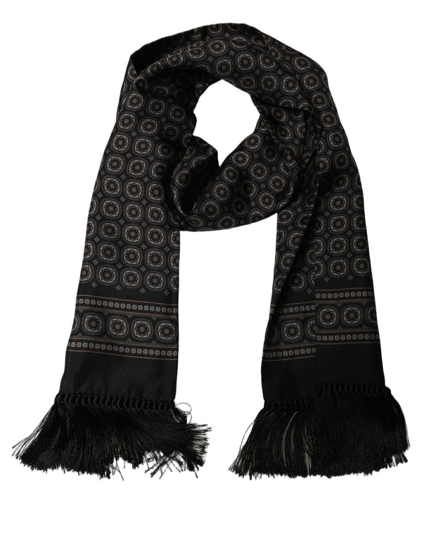 Dolce & Gabbana Black Silk Geometric Fringed Neck Shawl Scarf