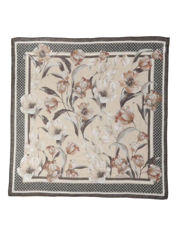 Dolce & Gabbana Men Beige Floral Linen Square Foulard Scarf