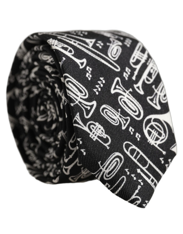Dolce & Gabbana Black Musical Instrument Silk Adjustable Tied Necktie Tie