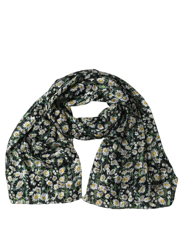 Dolce & Gabbana Black Silk Daisy Chiffon Long Stole Scarf