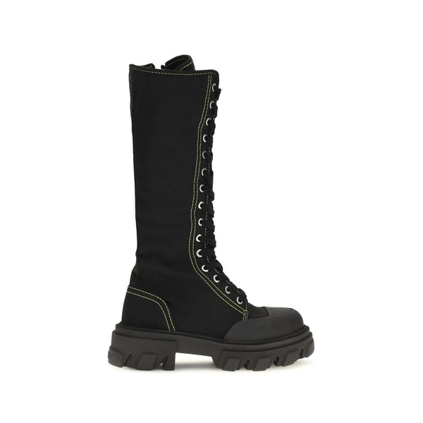 Ganni Black Cotton Lace-Up Boots