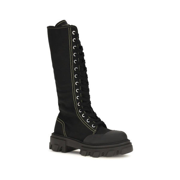 Ganni Black Cotton Lace-Up Boots