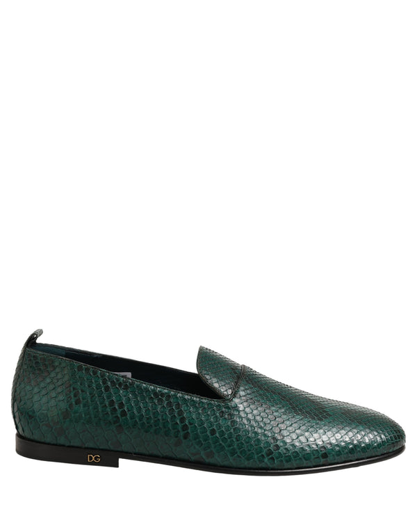 Dolce & Gabbana Dark Green Embossed Leather Loafers Shoes