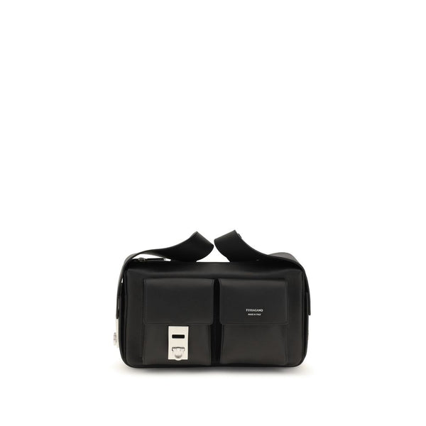 Ferragamo Black Calf Leather Bos Taurus Shoulder Bag