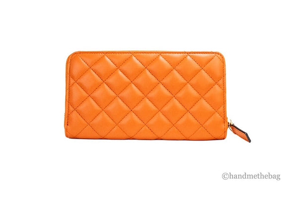 Versace Large Dark Orange Quilted Smooth Leather Continental Clutch Zip Wallet