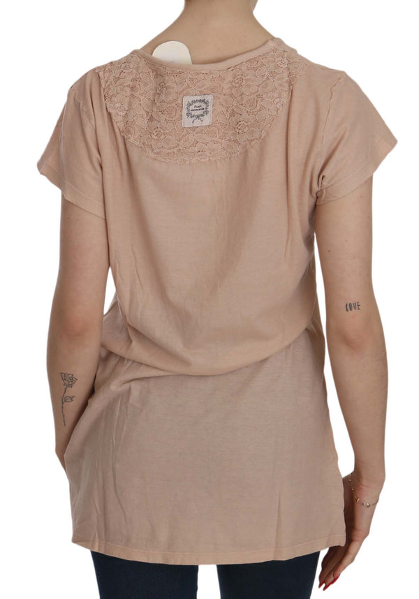 PINK MEMORIES Pink Cream Lace Short Sleeve Shirt Top Cotton Blouse