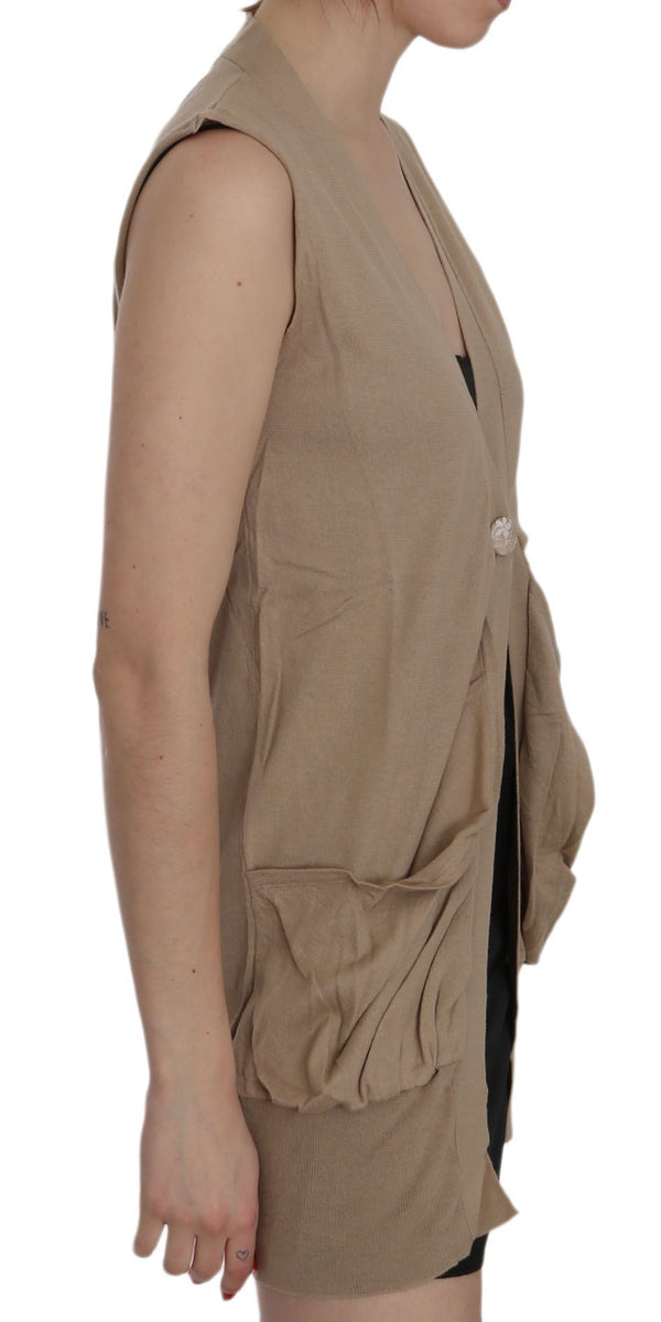 PINK MEMORIES Brown 100% Cotton Sleeveless Cardigan Top Vest