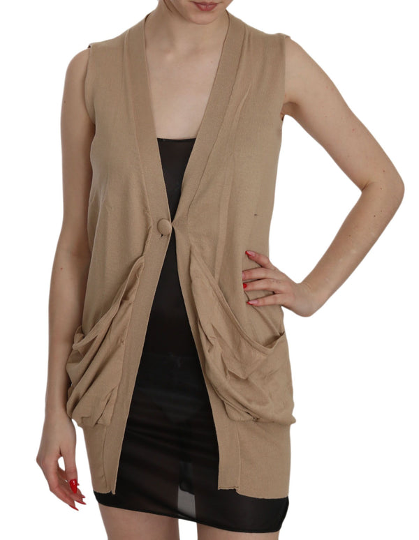 PINK MEMORIES Brown 100% Cotton Sleeveless Cardigan Top Vest