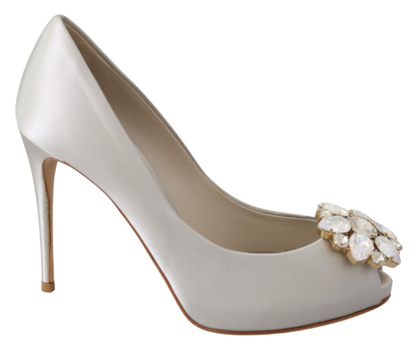 Dolce & Gabbana White Crystals Peep Toe Heels Satin Pumps Shoes