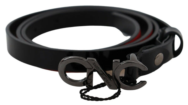 Costume National Black Skinny Leather Logo Buckle Belt