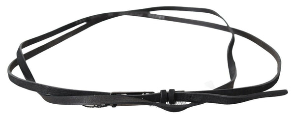 Costume National Black Leather Skinny Logo Buckle Belt