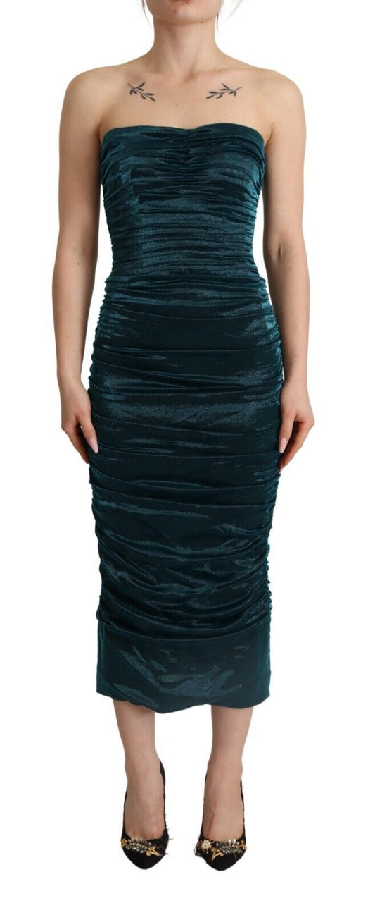 Turquoise Draped Satin Midi Dress