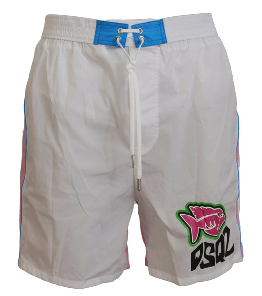 Chic White & Pink Print Swim Shorts