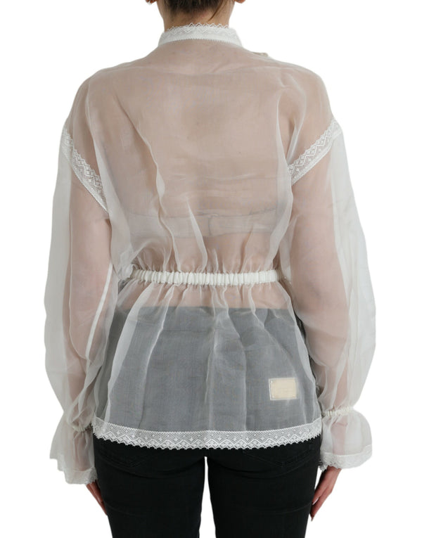 Dolce & Gabbana White Silk Long Sleeves Ascot Collar Top