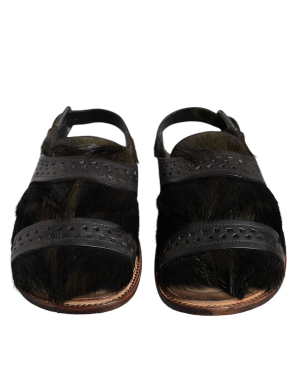 Dolce & Gabbana Black Gazelle Hair Leather Flats Sandals Shoes