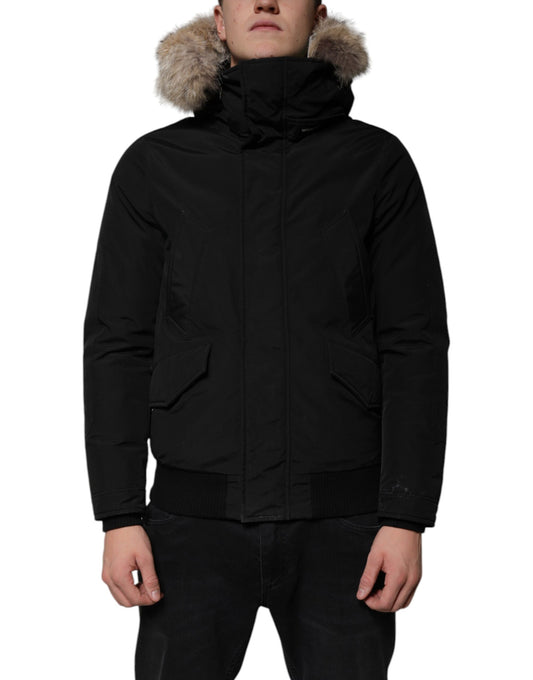 Black Hooded Long Sleeves Fur Shearling Coat Jacket