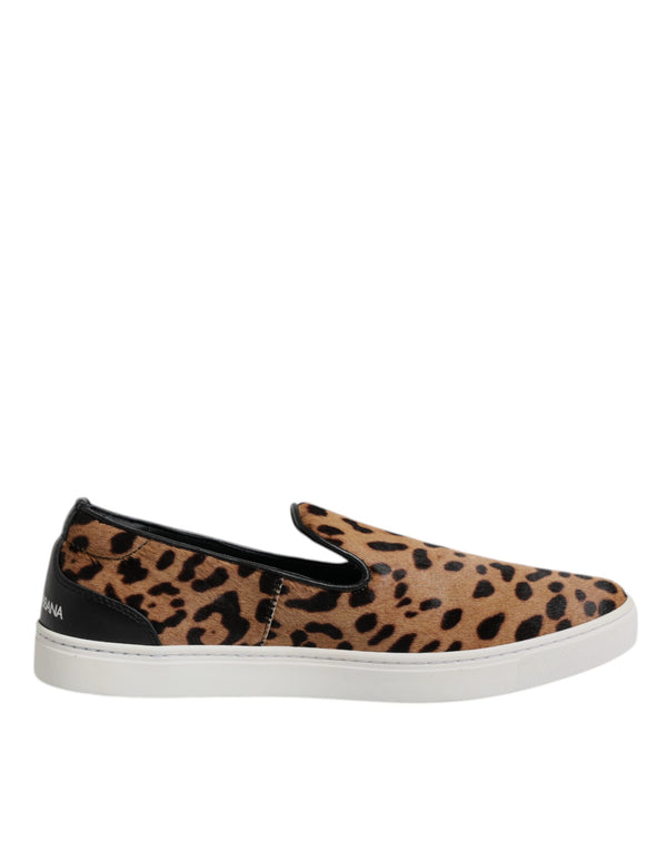 Dolce & Gabbana Brown Calfskin Fur Leopard Sneakers Shoes