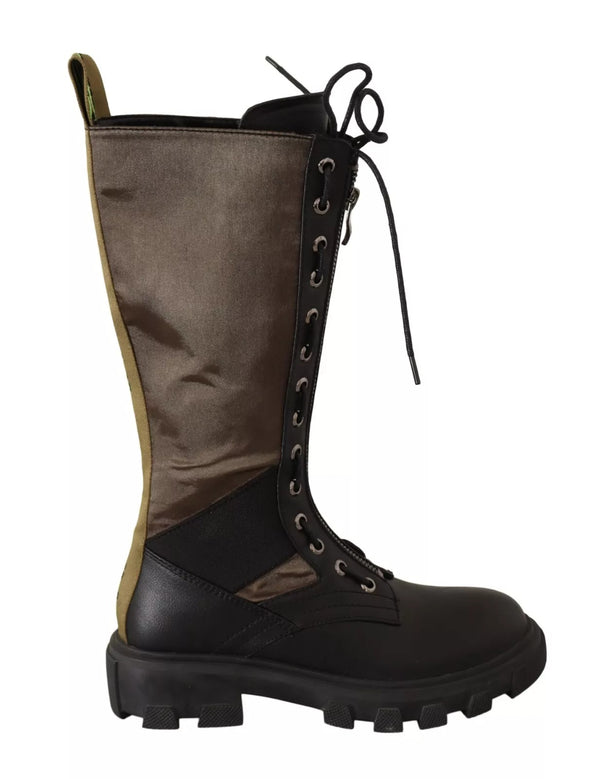 Gaelle Black Green High Combat Boots Lace Up Military Shoes