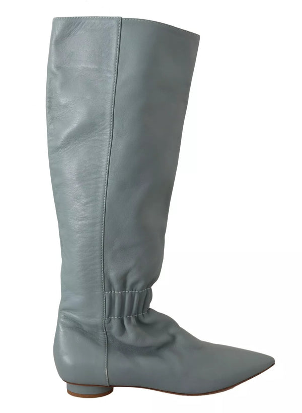 Red Valentino Blue Leather Elastic Flats Pull On Knee High Boots Shoes
