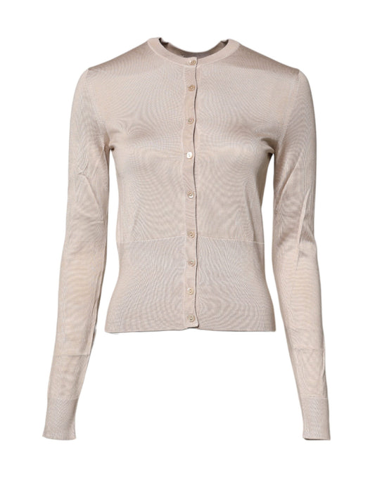 Beige Silk Button Down Cardigan Sweater