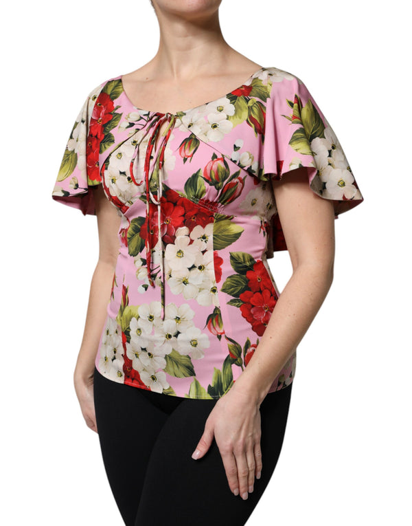 Dolce & Gabbana Pink Floral Silk Short Sleeves Blouse Top