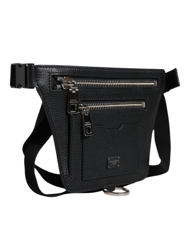Dolce & Gabbana Black Calfskin Logo Plaque Belt Waist Men Fanny Pack Bag