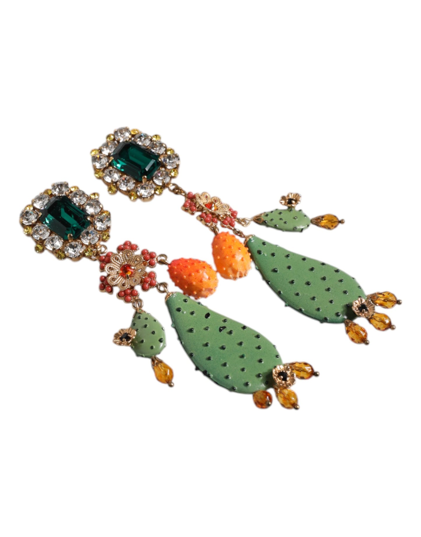 Green Cactus Crystal Clip On Dangling Jewelry Earrings