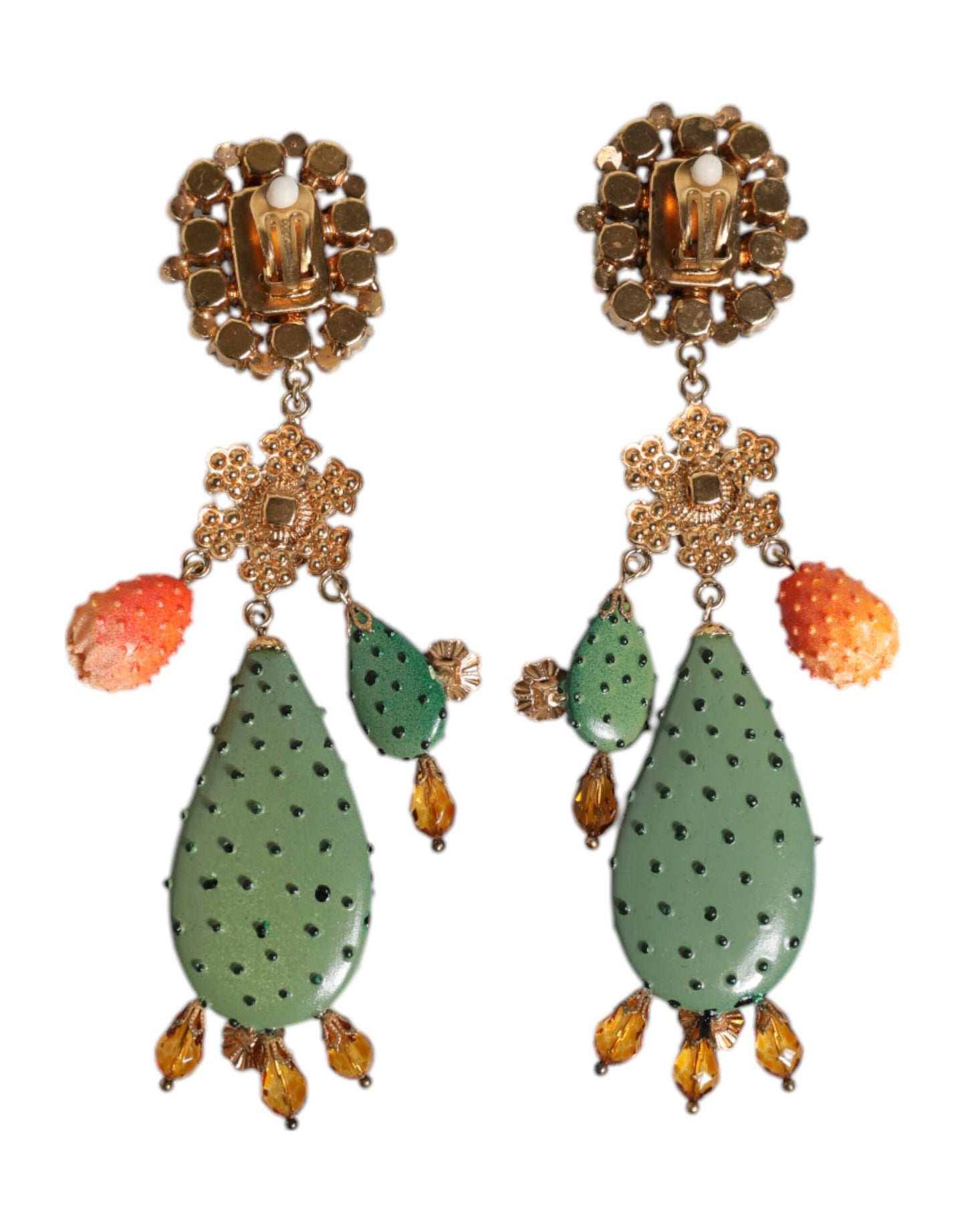 Green Cactus Crystal Clip On Dangling Jewelry Earrings
