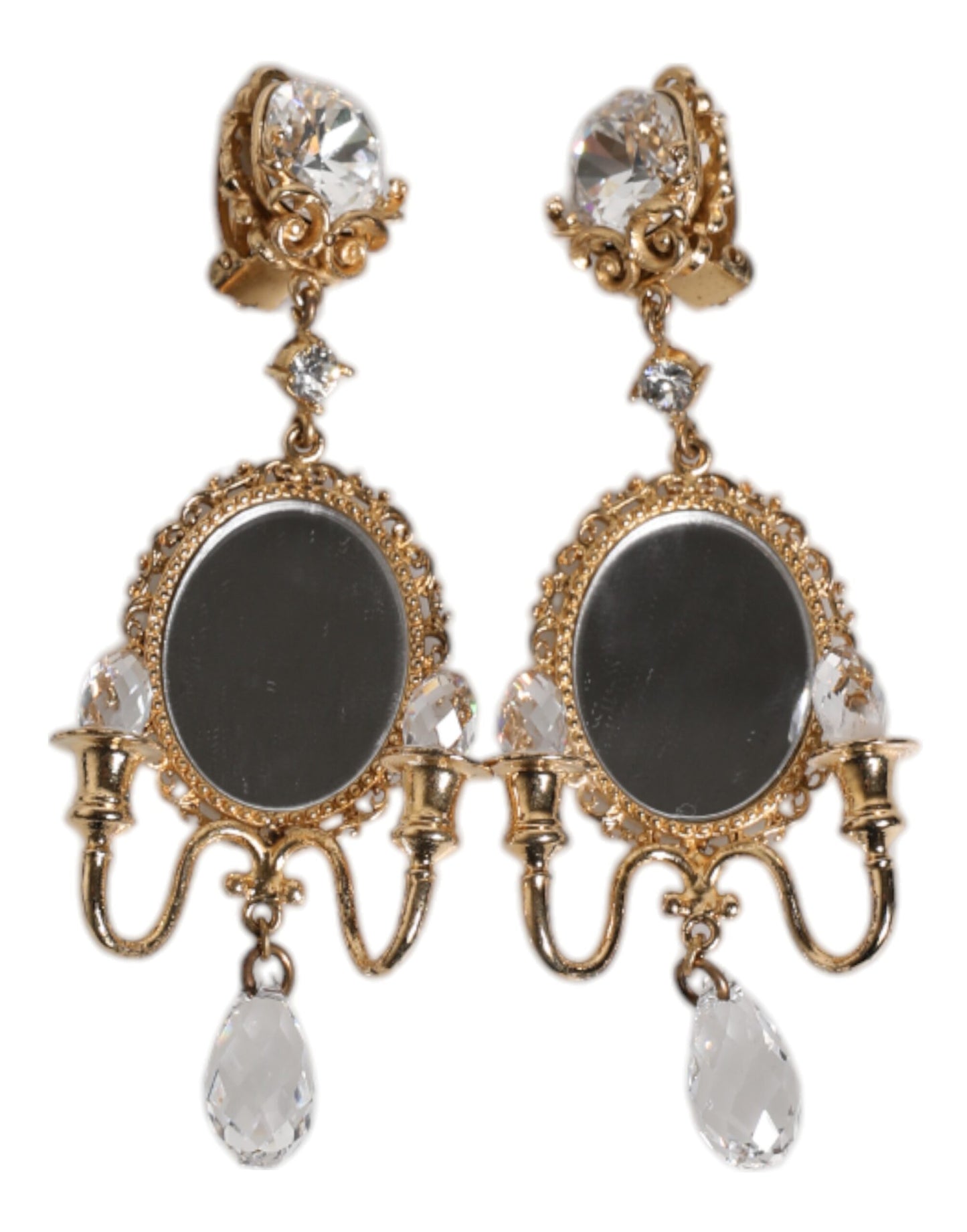 Gold Brass Clear Crystal Mirror Element Clip Dangling Earrings