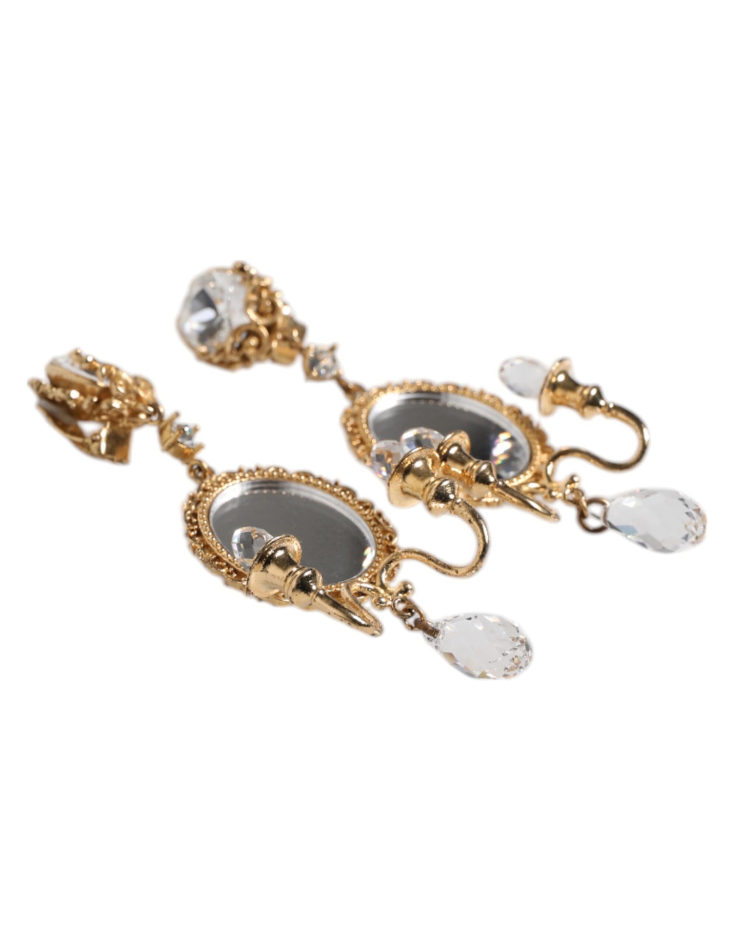 Gold Brass Clear Crystal Mirror Element Clip Dangling Earrings