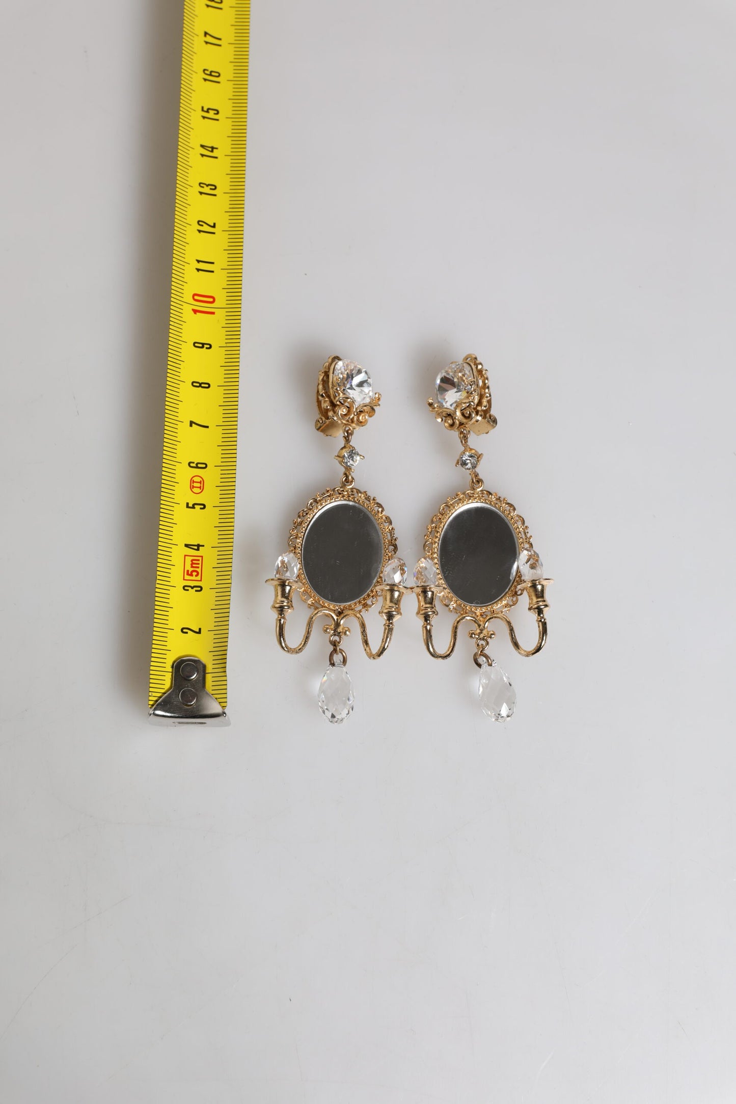 Gold Brass Clear Crystal Mirror Element Clip Dangling Earrings