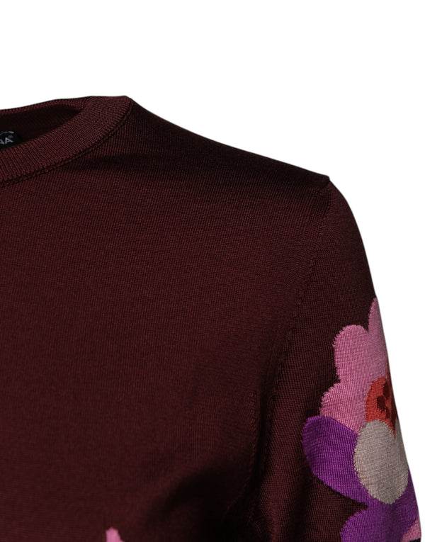 Dolce & Gabbana Maroon Floral Silk Crew Neck Blouse Top