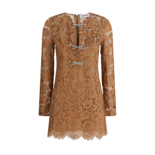 Tan Lace Bow Mini Dress