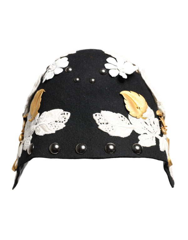 Dolce & Gabbana Black Wool White Floral Gold Leaf Cloche Hat