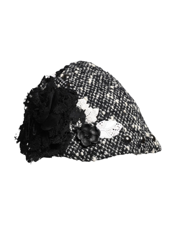 Dolce & Gabbana Black Wool White Floral Embellished Cloche Hat