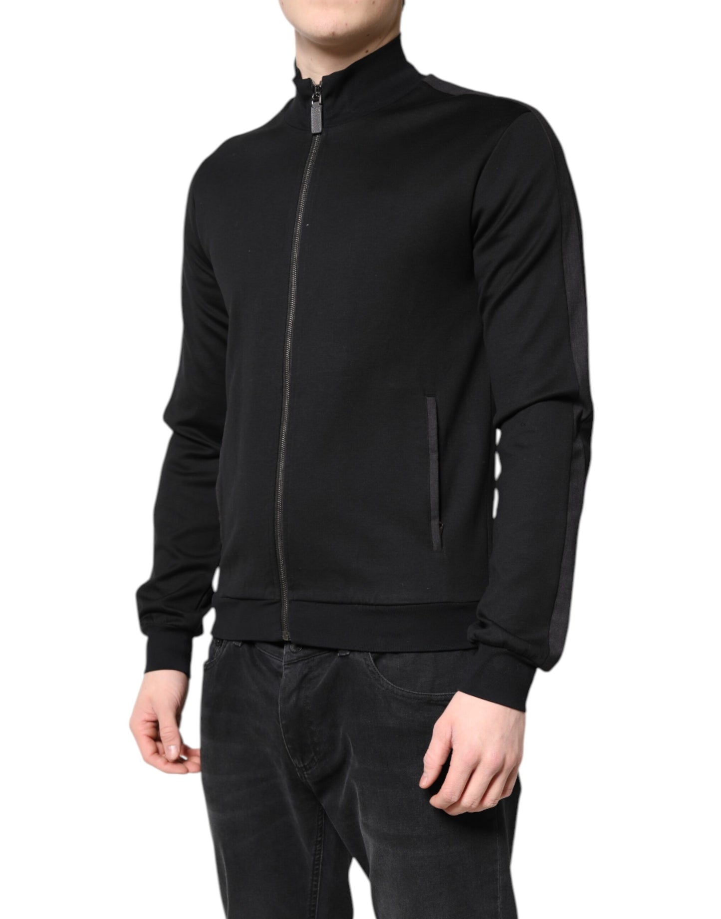 Black Cotton Logo Full Zip Men Bomber Jacket