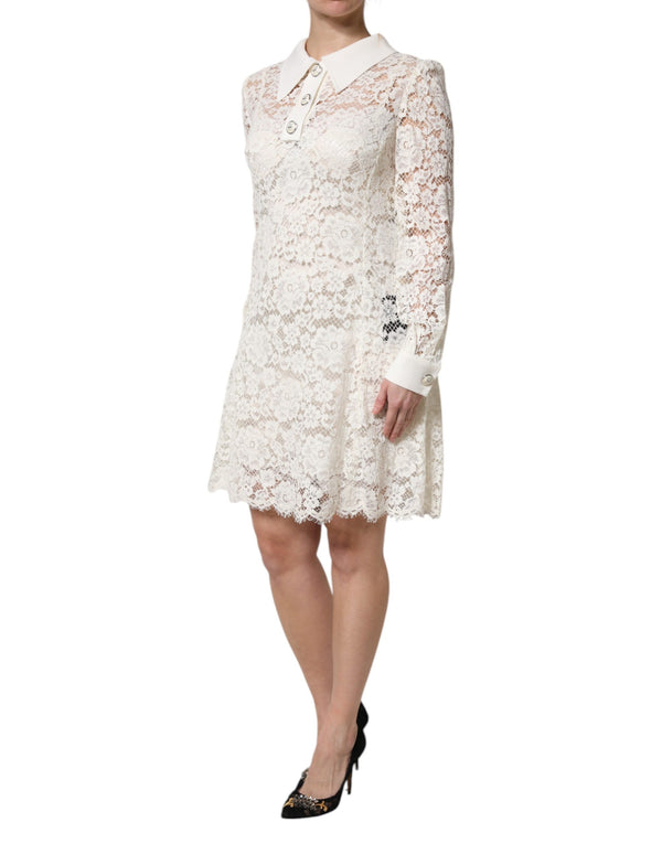 Dolce & Gabbana White Floral Lace Long Sleeves Shift Dress