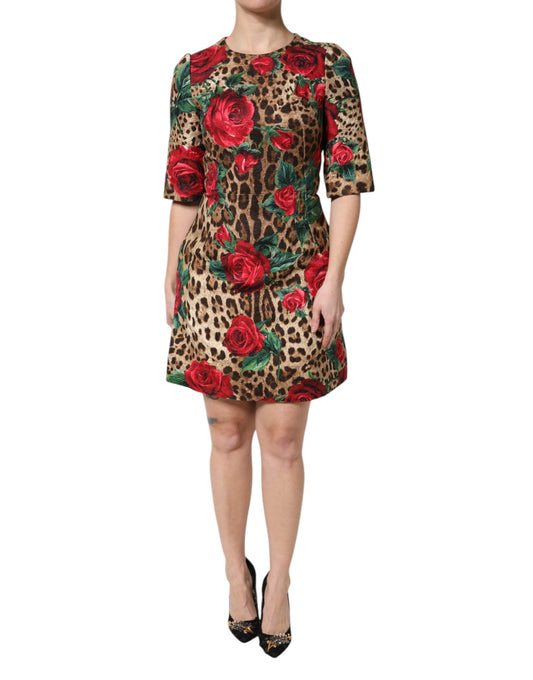 Brown Rose Leopard Short Sleeves Mini Dress