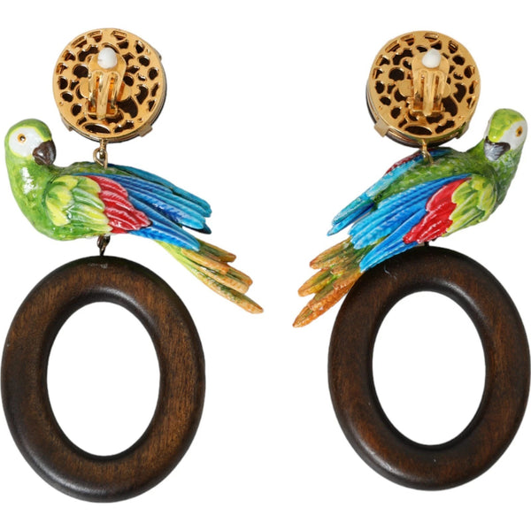 Dolce & Gabbana Multicolor Parrot Wood Brass Crystal Embellished Earrings