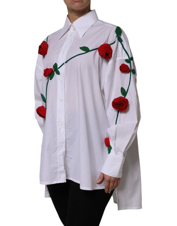 Dolce & Gabbana White Cotton Floral Appliques Dress Shirt Top