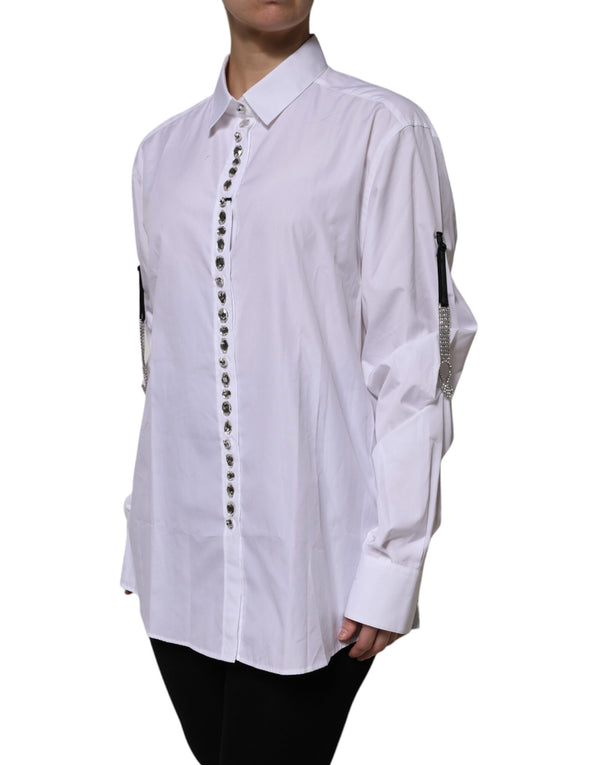 Dolce & Gabbana White Rhinestone Embellish Long Sleeves Top